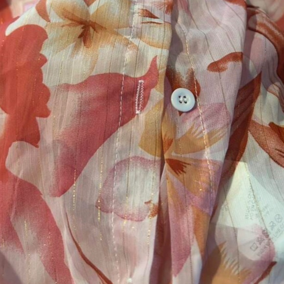 Floral Print Sheer Tie Front Long Sleeve Button Down Crop Shirt Lurex Glitter - Picture 9 of 9